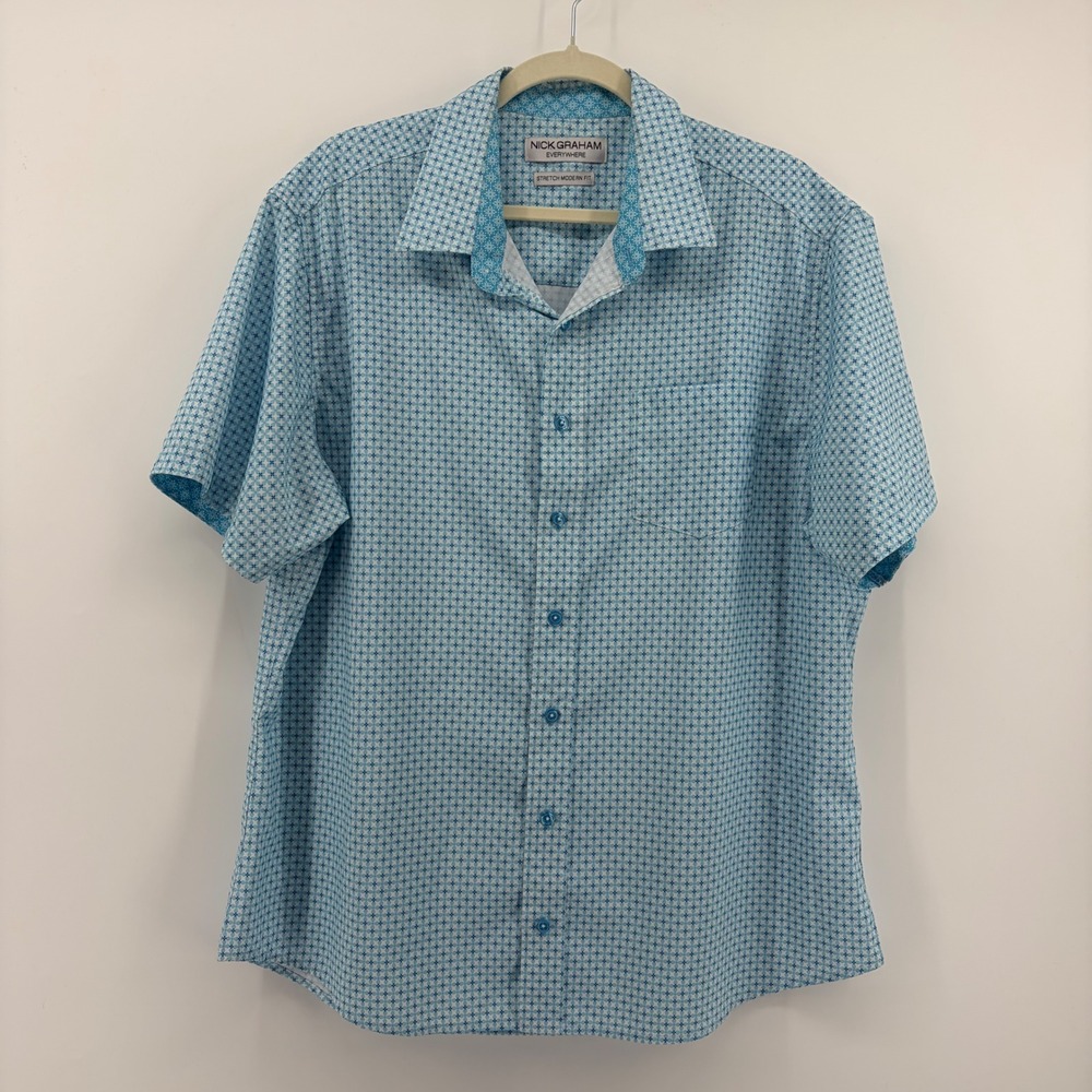 Nick Graham Button Down Shirt Blue Mens XL Stretch Modern Fit Short Sleeve Geo